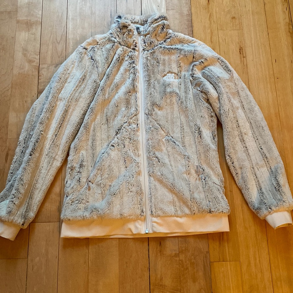North Face zip up gray and cream faux fur jacket
